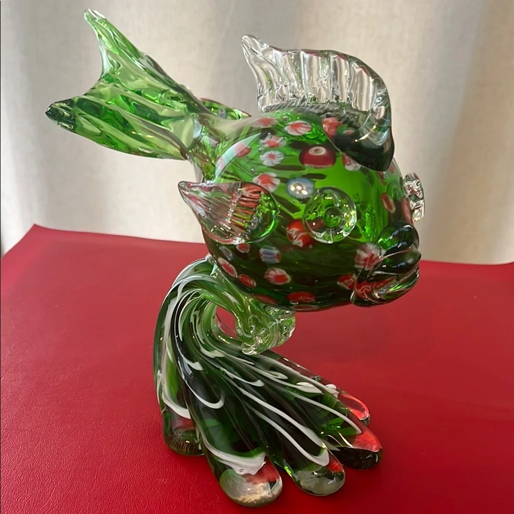 Murano glass fish ornament vintage large green 8”H 12”L